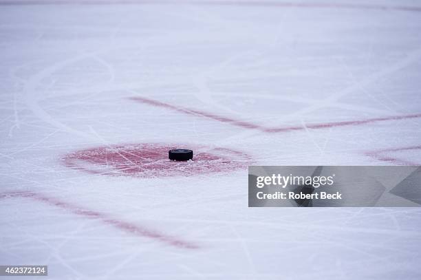 View of puck on ice during Los Angeles Kings vs New York Rangers game at Staples Center. Equipment. Los Angeles, CA 1/8/2015 CREDIT: Robert Beck