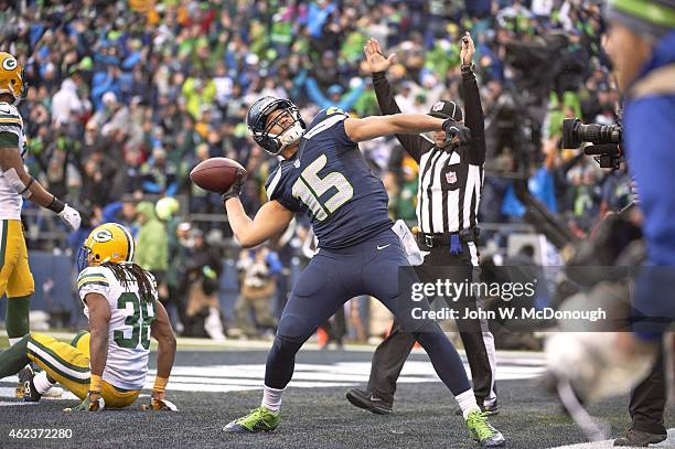 Playoffs: Seattle Seahawks Jermaine Kearse victorious in endzone after scoring touchdown vs Green Bay Packers at CenturyLink Field. Seattle, WA...