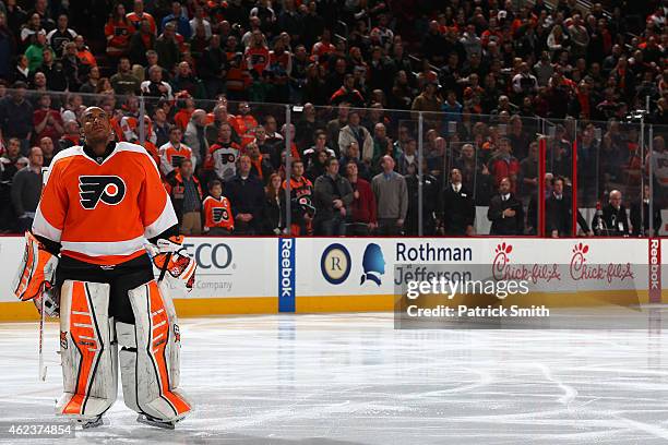 Goalie Ray Emery of the Philadelphia Flyers looks on during the national anthem before playing the Arizona Coyotes at Wells Fargo Center on January...