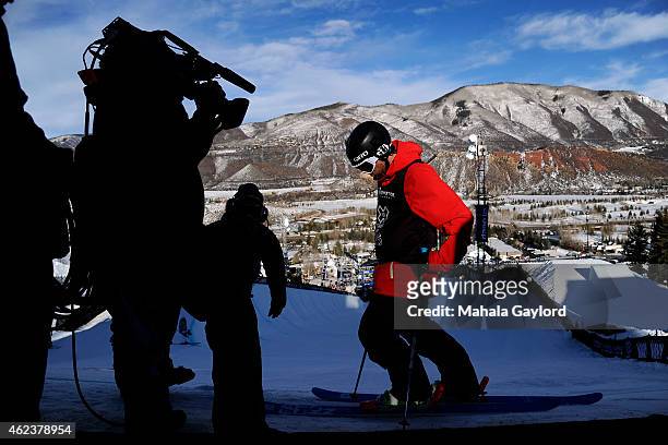 Simon d'Artois prepares to take his second run Ski Superpipe Men's Finals at Winter X Games 2015, Sunday, January 25.