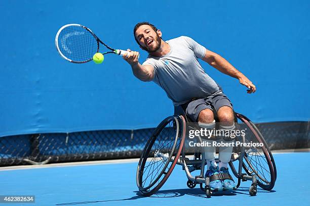 Adam Kellerman of Australia in action in his match against Stephane Houdet of France in Men's Wheelchair Singles quarterfinals during the Australian...