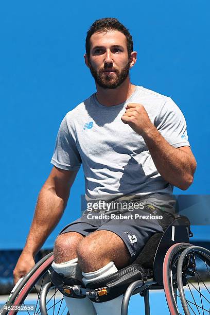 Adam Kellerman of Australia in action in his match against Stephane Houdet of France in Men's Wheelchair Singles quarterfinals during the Australian...