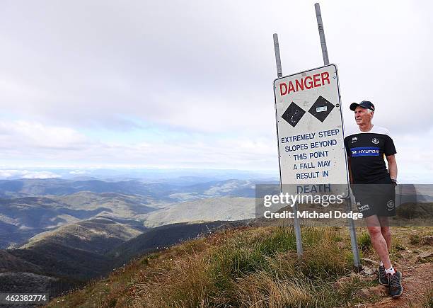 Blues coach Michael Malthouse poses on the summit of Mount Buller during the Carlton Blues AFL training camp on January 28, 2015 in Mount Buller,...