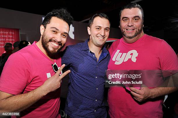 Lyft driver Jonathan Rico, Lyft Co-founder, John Zimmer and Lyft driver Carlos Vandeusen attend the Lyft driver rally at Siren Studios on January 27,...