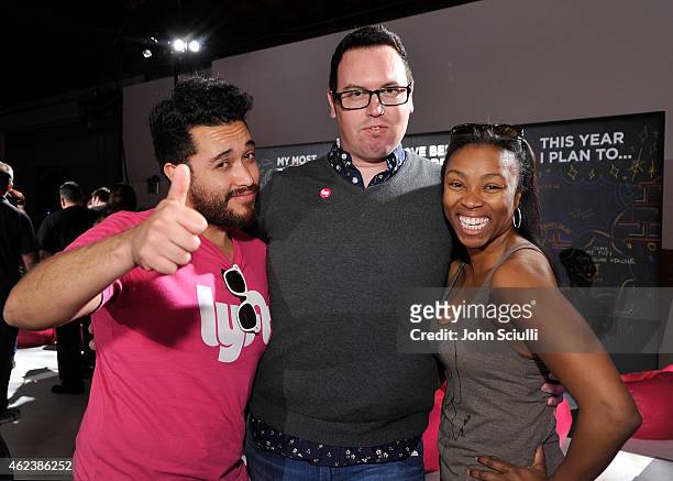 Lyft drivers Jonathan Rico, Jeren Miles and Jovan Gamble attend the Lyft driver rally at Siren Studios on January 27, 2015 in Hollywood, California.