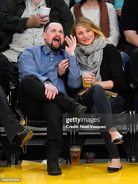 Benji Madden and Cameron Diaz attend a basketball game between the Washington Wizards and the Los Angeles Lakers at Staples Center on January 27,...