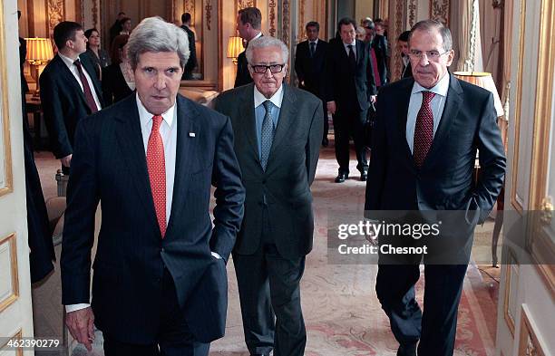 Secretary of State John Kerry , Russia's Foreign affairs minister Serguei Lavrov and UN-Arab League envoy for Syria Lakhdar Brahimi arrive for a...