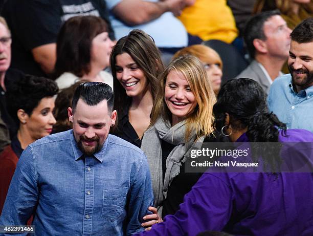 Benji Madden and Cameron Diaz attend a basketball game between the Washington Wizards and the Los Angeles Lakers at Staples Center on January 27,...