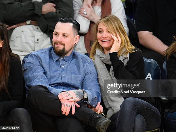 Benji Madden and Cameron Diaz attend a basketball game between the Washington Wizards and the Los Angeles Lakers at Staples Center on January 27,...