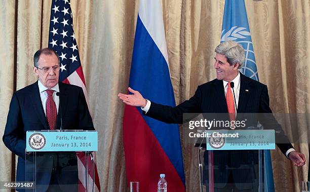 Secretary of State John Kerry speaks during a press conference with Russia's Foreign affairs minister, Serguei Lavrov and UN-Arab League envoy for...