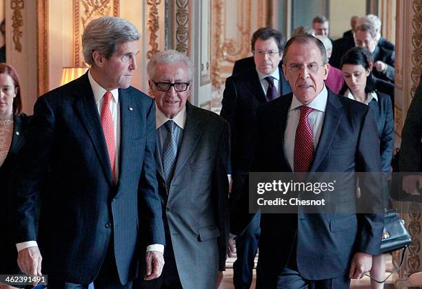 Secretary of State John Kerry , Russia's Foreign affairs minister Serguei Lavrov and UN-Arab League envoy for Syria Lakhdar Brahimi arrive for a...