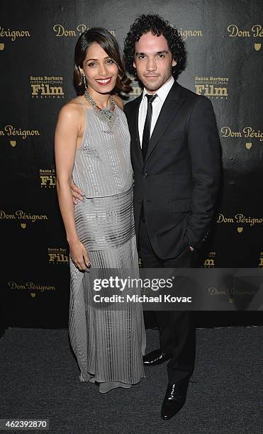 Actors Freida Pinto and Reece Ritchie visit the Dom Perignon Lounge at The Santa Barbara International Film Festival to celebrate the opening night...