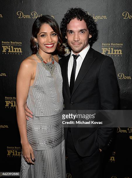 Actors Freida Pinto and Reece Ritchie visit the Dom Perignon Lounge at The Santa Barbara International Film Festival to celebrate the opening night...