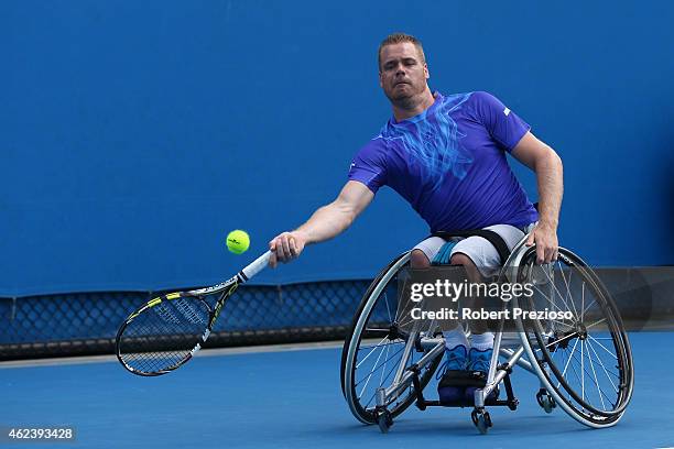 Maikel Scheffers of the Netherlands in action in his match against Shingo Kunieda of Japan in the Men's Wheelchair Singles - Quarterfinals during the...