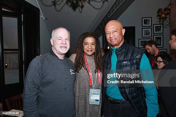 Disney executive Scott Holtzman, composer Kathryn Bostic, and a guest attend the BMI Zoom Dinner at Main And Sky Rooftop Lounge during the 2015...