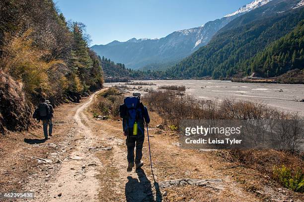 Hiking in the Kali Gandaki Valley on the Annapurna Circuit. It's considered one of the most diverse trekking trails in the world; the Annapurna...