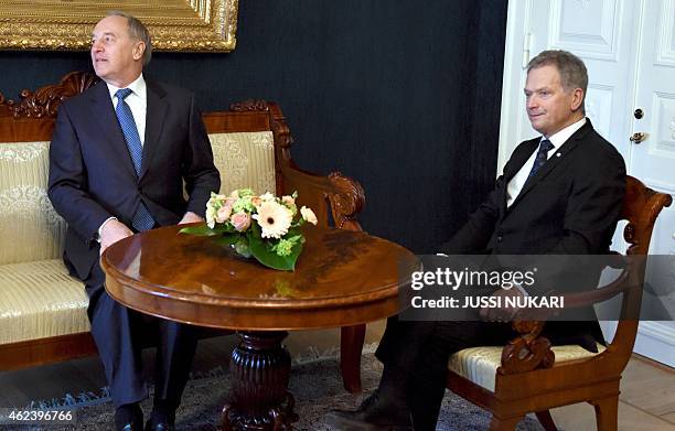 President of Latvia Andris Berzins meets the President of Finland Sauli Niinistö at the Presidential Palace in Helsinki, Finland, on January 28 2015....