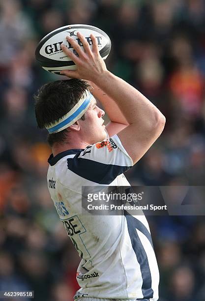 Marc Jones of Sale in action during the Guinness Premiership match between Northampton Saints and Sale Sharks at Franklin's Gardens on October 24,...