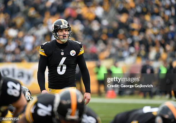 Kicker Shaun Suisham of the Pittsburgh Steelers looks on from the field before attempting an extra point during a game against the Kansas City Chiefs...