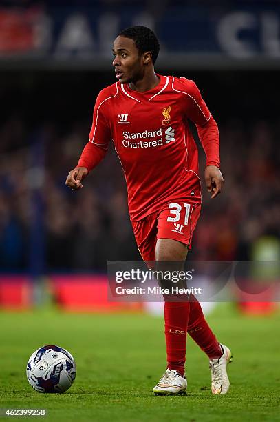 Raheem Sterling of Liverpool on the ball during the Capital One Cup Semi-Final second leg between Chelsea and Liverpool at Stamford Bridge on January...