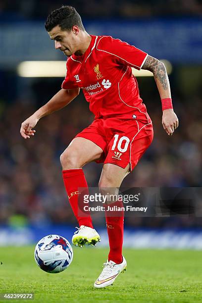 Philippe Coutinho of Liverpool on the ball during the Capital One Cup Semi-Final second leg between Chelsea and Liverpool at Stamford Bridge on...
