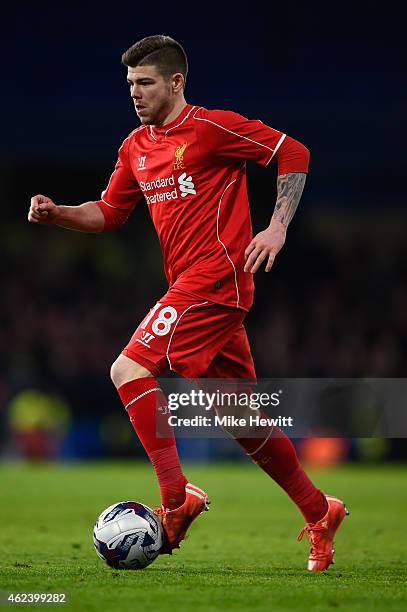 Alberto Moreno of Liverpool on the ball during the Capital One Cup Semi-Final second leg between Chelsea and Liverpool at Stamford Bridge on January...