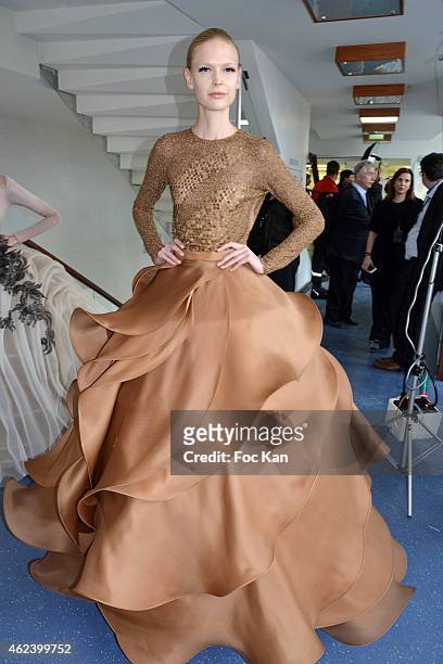Model attends the finale of the Stephane Rolland Show as part of Paris Fashion Week Haute Couture Spring/Summer 2015 on January 27, 2015 in Paris,...