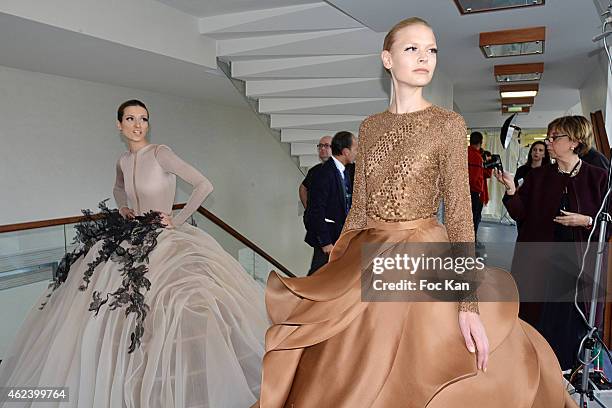 Models attend the finale of the Stephane Rolland Show as part of Paris Fashion Week Haute Couture Spring/Summer 2015 on January 27, 2015 in Paris,...