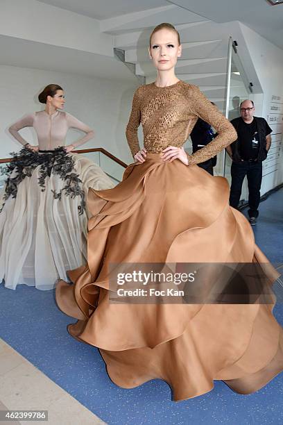 Models attend the finale of the Stephane Rolland Show as part of Paris Fashion Week Haute Couture Spring/Summer 2015 on January 27, 2015 in Paris,...