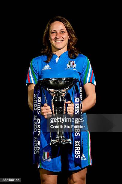 Silvia Gaudino of Italy poses with the trophy during the launch of the 2015 RBS Six Nations at the Hurlingham club on January 28, 2015 in London,...