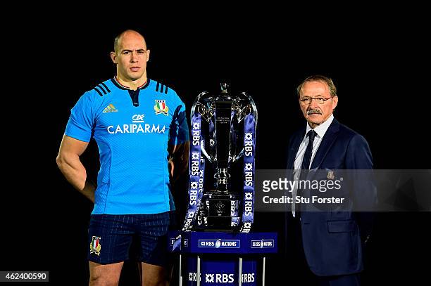 Sergio Parisse of Italy and Jacques Brunel the coach of Italy pose with the trophy during the launch of the 2015 RBS Six Nations at the Hurlingham...