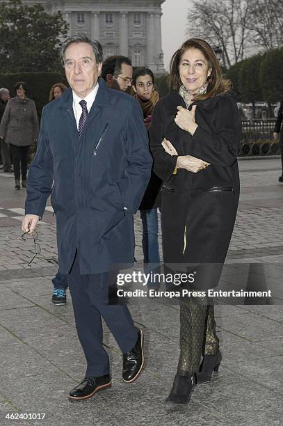 Inaki Gabilondo and Lola Carretero are seen leaving opera 'Tristan and Isolde' by Richard Warner on January 12, 2014 in Madrid, Spain.