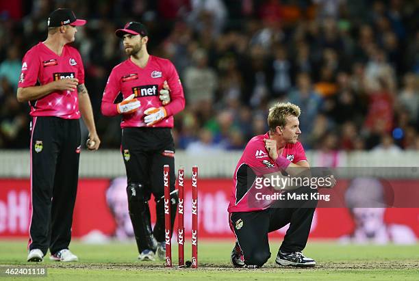Brett Lee of the Sixers looks dejected after the final ball during the Big Bash League final match between the Sydney Sixers and the Perth Scorchers...