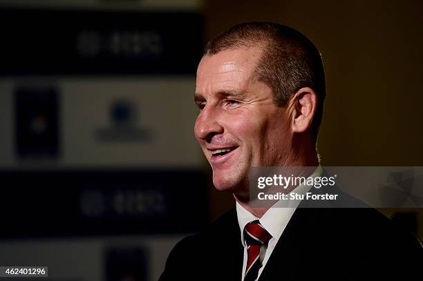 Stuart Lancaster the coach of England speaks to the media during the launch of the 2015 RBS Six Nations at the Hurlingham club on January 28, 2015 in...