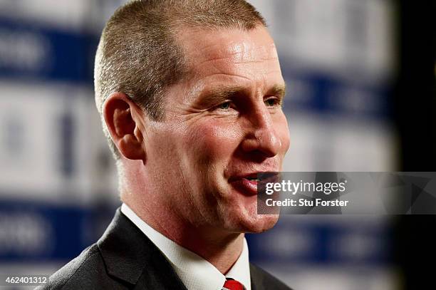 Stuart Lancaster the coach of England speaks to the media during the launch of the 2015 RBS Six Nations at the Hurlingham club on January 28, 2015 in...