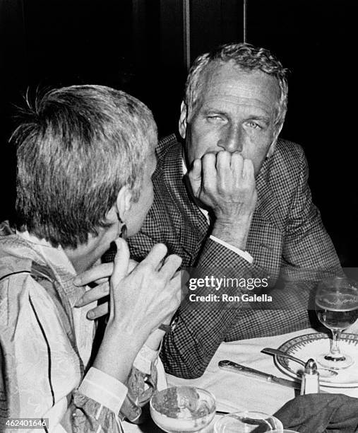 Paul Newman and Joanne Woodward attends Yves Montand Opening Night Party on September 7, 1982 at Luchow's Restaurant in New York City.