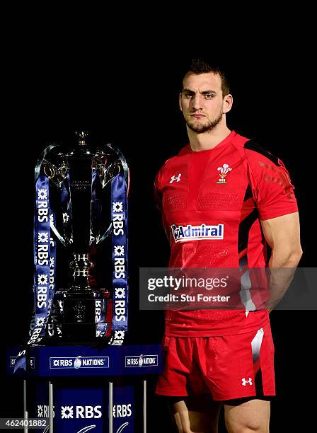 Sam Warburton of Wales poses with the trophy during the launch of the 2015 RBS Six Nations at the Hurlingham club on January 28, 2015 in London,...