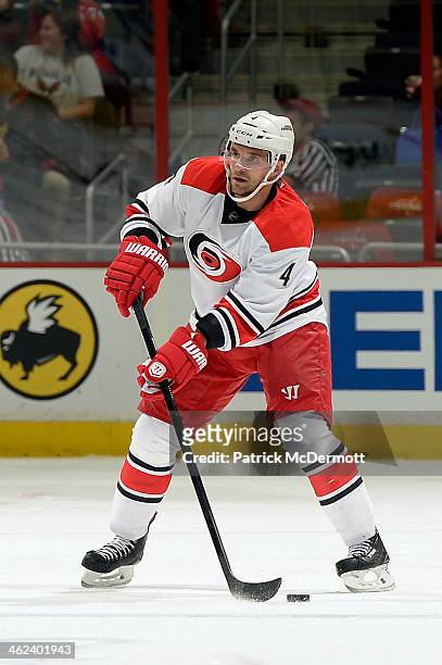 Andrej Sekera of the Carolina Hurricanes controls the puck in the first period during an NHL game against the Washington Capitals at Verizon Center...