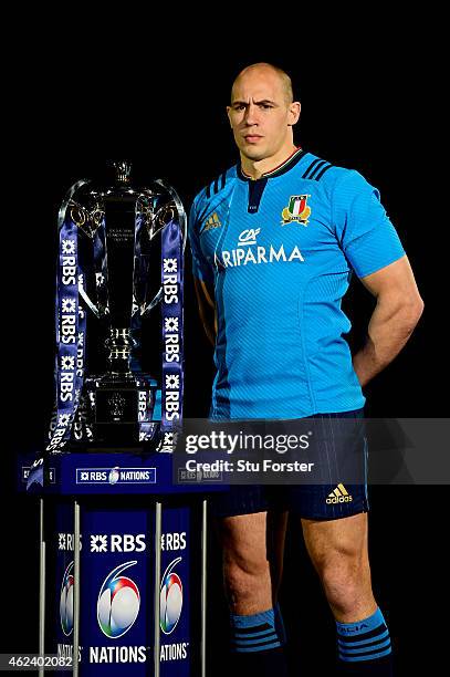 Sergio Parisse of Italy poses with the trophy during the launch of the 2015 RBS Six Nations at the Hurlingham club on January 28, 2015 in London,...