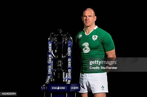 Paul O'Connell of Ireland poses with the trophy during the launch of the 2015 RBS Six Nations at the Hurlingham club on January 28, 2015 in London,...
