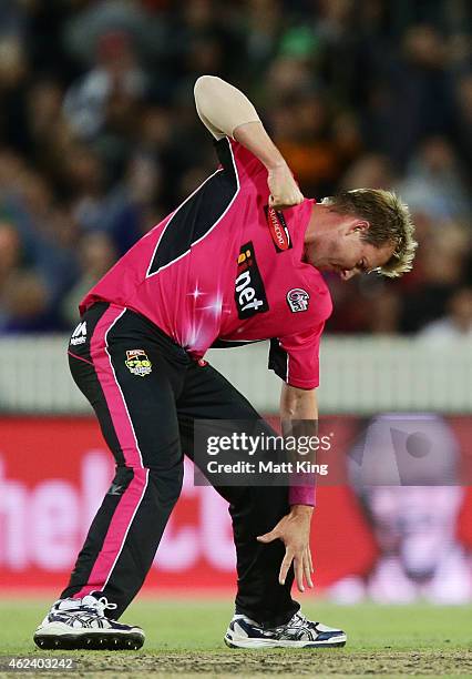 Brett Lee of the Sixers celebrates taking the wicket of Nathan Coulter-Nile of the Scorchers during the Big Bash League final match between the...