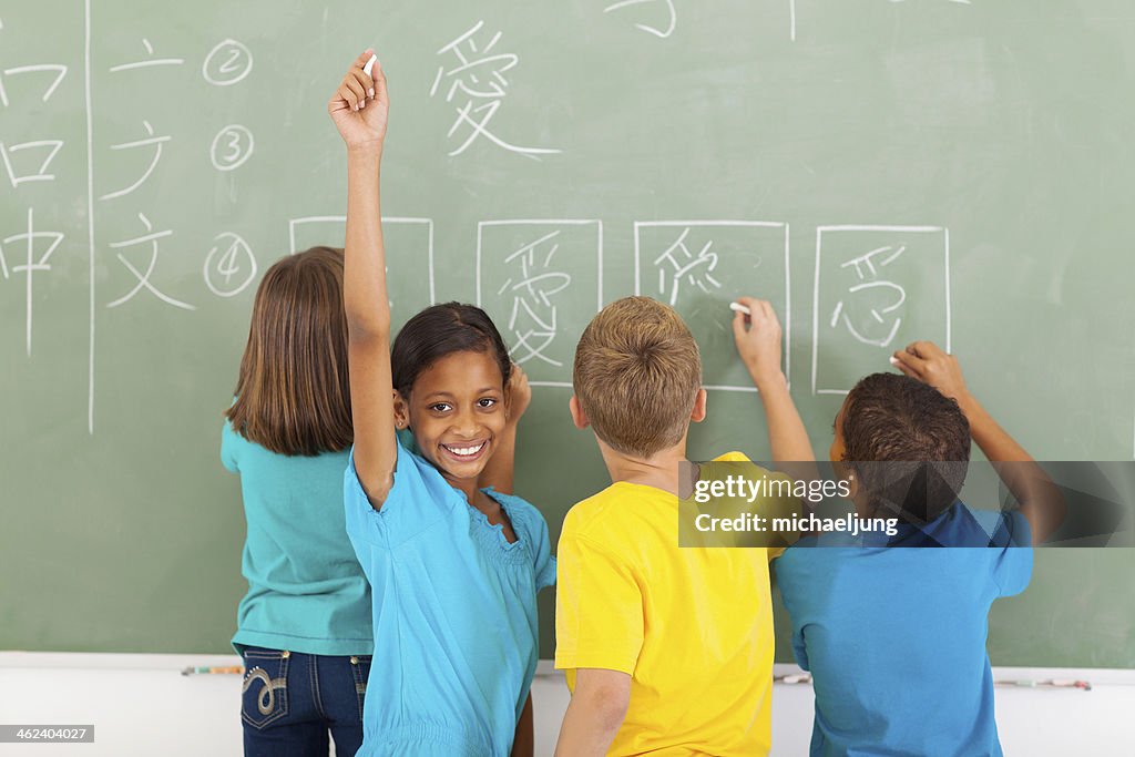Schoolgirl after writing chinese on blackboard