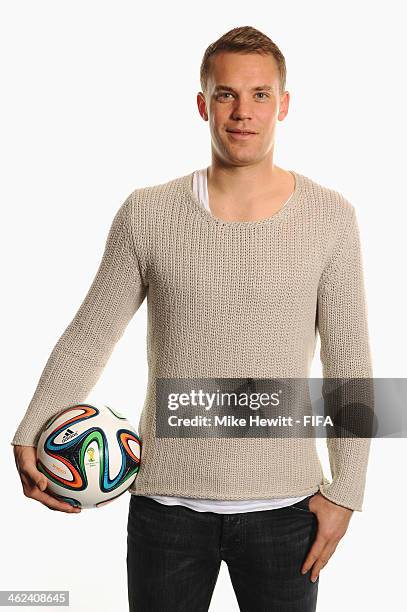 Goalkeeper Manuel Neuer of Germany and Bayern Munich poses for a portrait prior to the FIFA Ballon d'Or Gala 2013 at the Park Hyatt hotel on January...