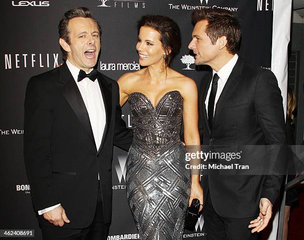 Michael Sheen, Kate Beckinsale, and Len Wiseman arrive at The Weinstein Company and NetFlix 2014 Golden Globe Awards after party held on January 12,...