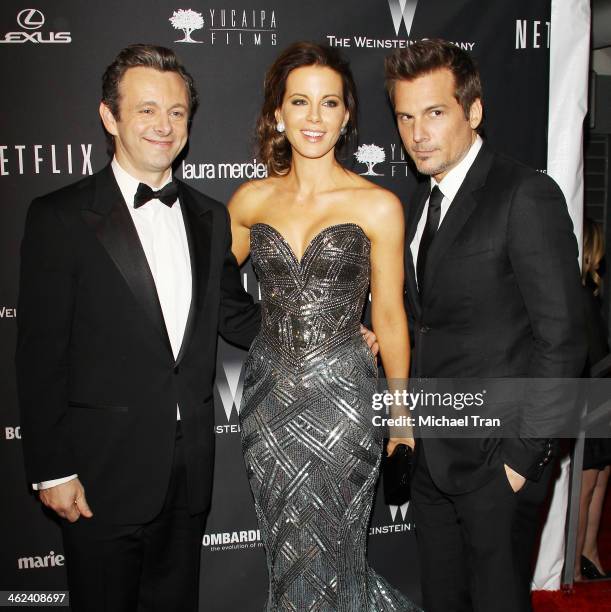 Michael Sheen, Kate Beckinsale, and Len Wiseman arrive at The Weinstein Company and NetFlix 2014 Golden Globe Awards after party held on January 12,...