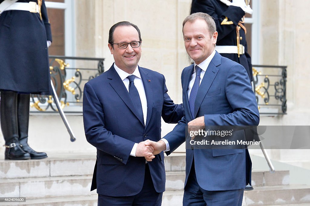 French President Francois Hollande Receives Donald Tusk At Elysee Palace