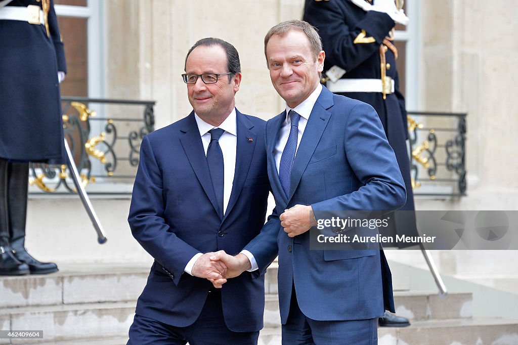 French President Francois Hollande Receives Donald Tusk At Elysee Palace