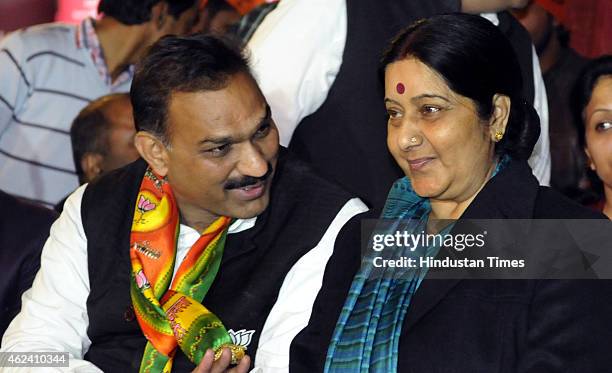 External Affairs Minister and BJP leader Sushma Swaraj, during an election rally in support of party's candidate Anil Kumar Sharma from R K Puran...