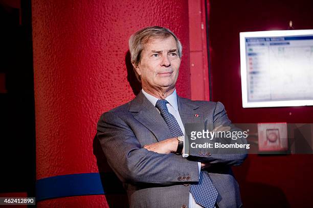 Vincent Bollore, billionaire and chairman of the Bollore Group, looks on during an Autolib car-sharing scheme news conference in Paris, France, on...