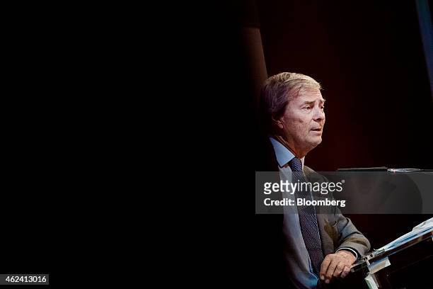 Vincent Bollore, billionaire and chairman of the Bollore Group, speaks during an Autolib car-sharing scheme news conference in Paris, France, on...